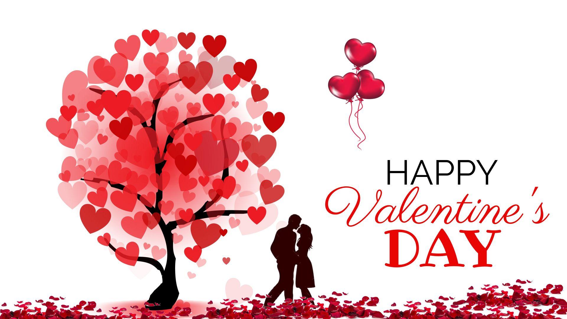 Silhouette of couple kissing under heart tree with 'Happy Valentine's Day' text and heart balloons.